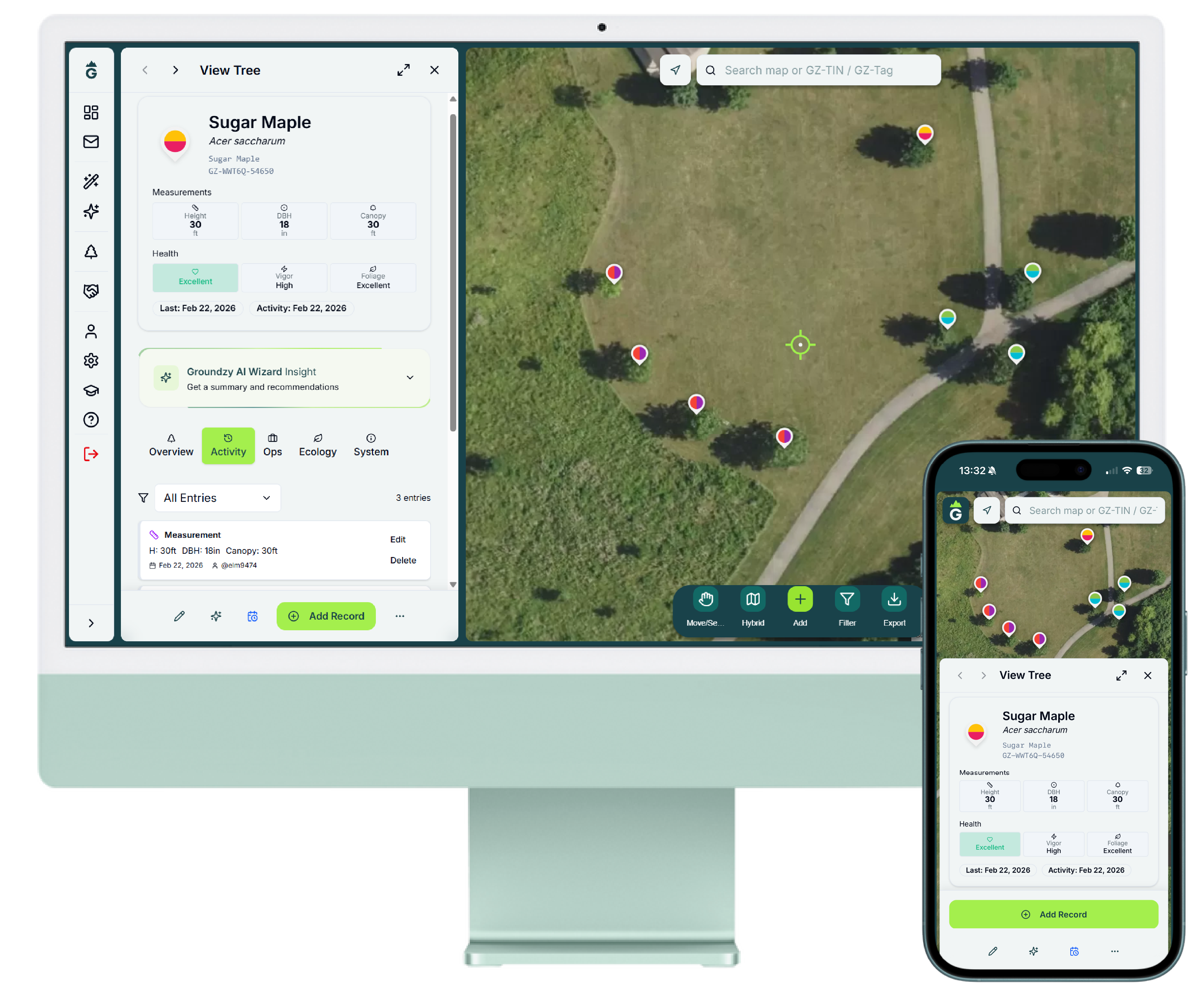 Groundzy app on desktop and iPhone: map view with tree details, GZ-TIN, and View Tree panel
